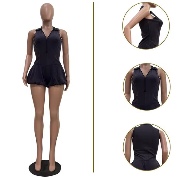 Women Zip Up Sleeveless Color Fashion Two Piece Skirt Set