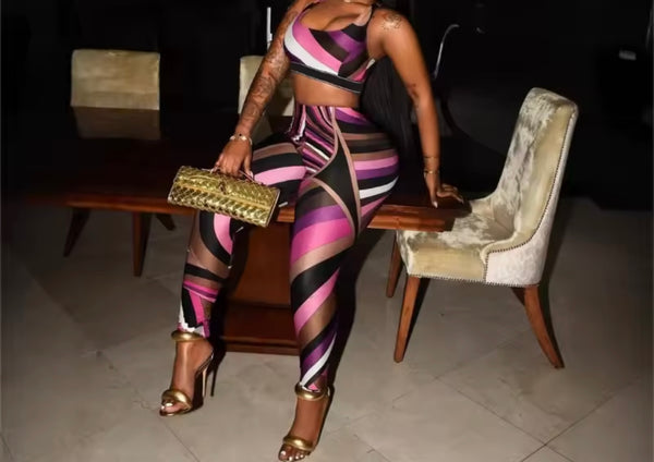 Women Sexy Sleeveless Multicolor Striped Tank Two Piece Pant Set