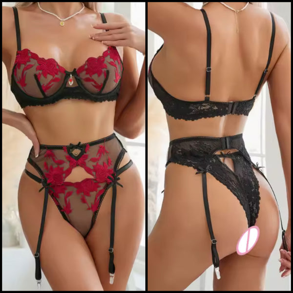 Women Black Red Floral Print Mesh Sexy Lingerie Set