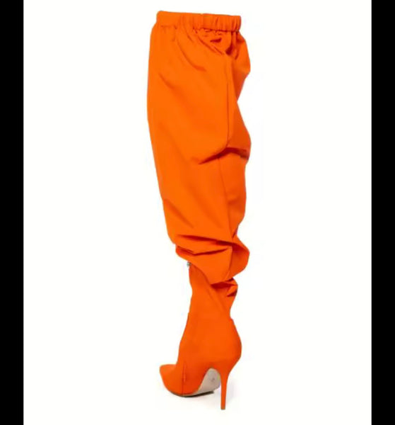 Women Fashion Orange Ruched Drawstring Over The Knee Boots