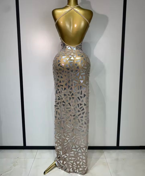 Women Sexy Sleeveless Chain Mirror Mesh Maxi Dress