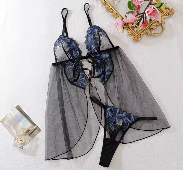 Women Sexy Sleeveless Color Patchwork Mesh Lingerie Set