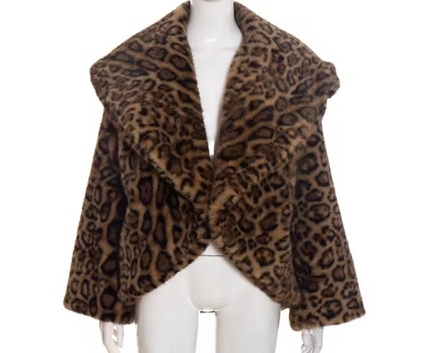 Women Leopard Print Faux Fur Fashion Jacket