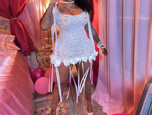 Women Sexy Sleeveless Lace Bow Tassel Dress