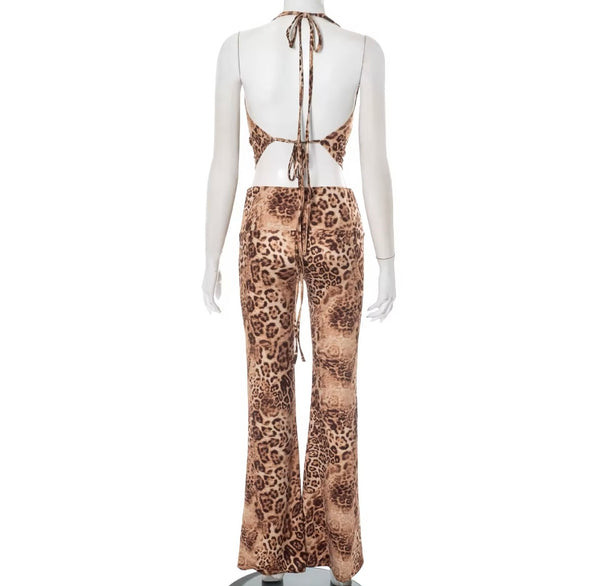 Women Sexy Leopard Halter Sleeveless Two Piece Pant Set
