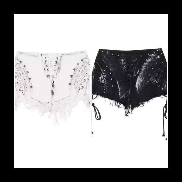 Women Fashion Rivet Tie Up Ripped Denim Shorts