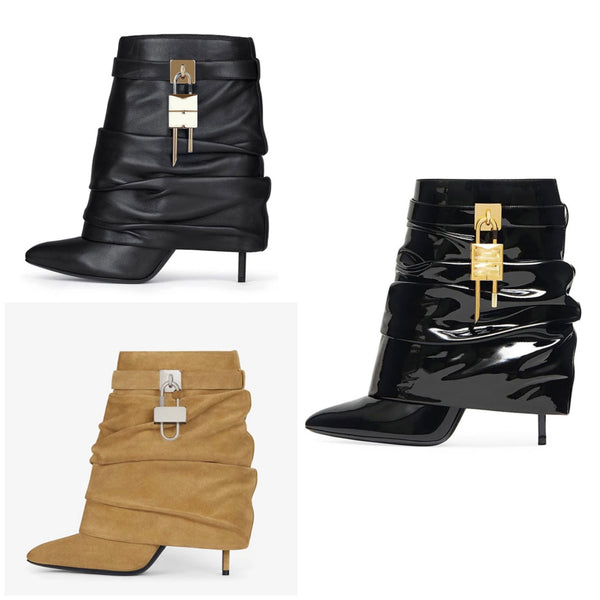 Women Fashion Pointed Toe Ruched Buckled Lock Ankle Boots