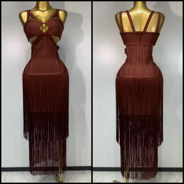 Women Sexy Sleeveless Fringe Tassel Cut Out Maxi Dress