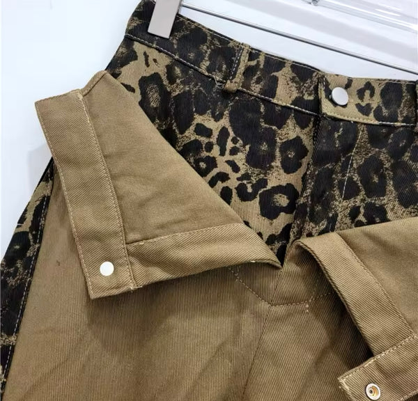 Women Fashion Khaki Leopard Patchwork Cargo Denim Pants