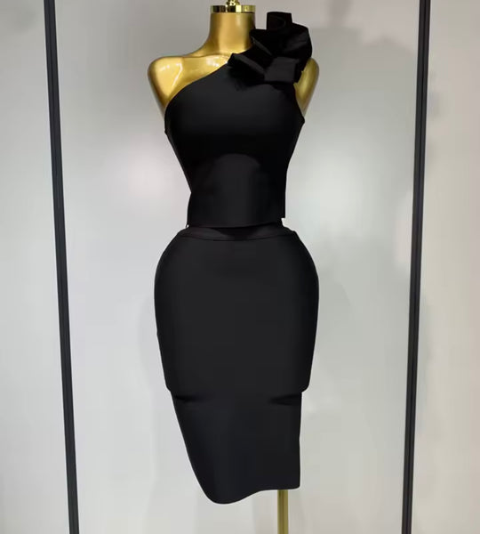 Women Sexy Ruffled One Shoulder Sleeveless Two Piece Skirt Set