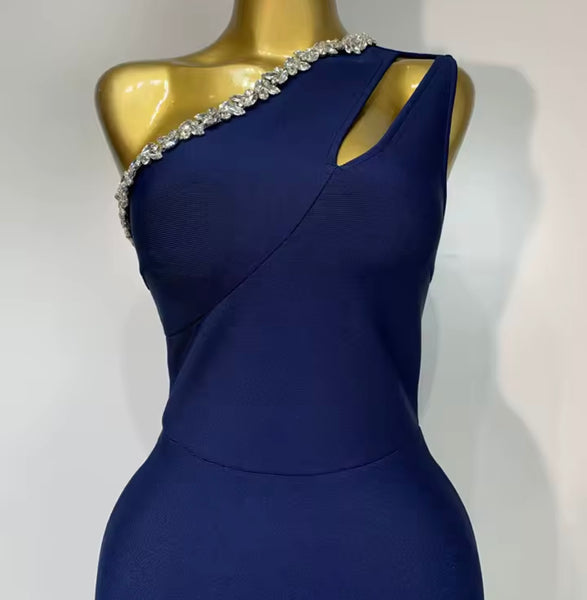 Women One Shoulder Sleeveless Blue Rhinestone Sexy Maxi Dress