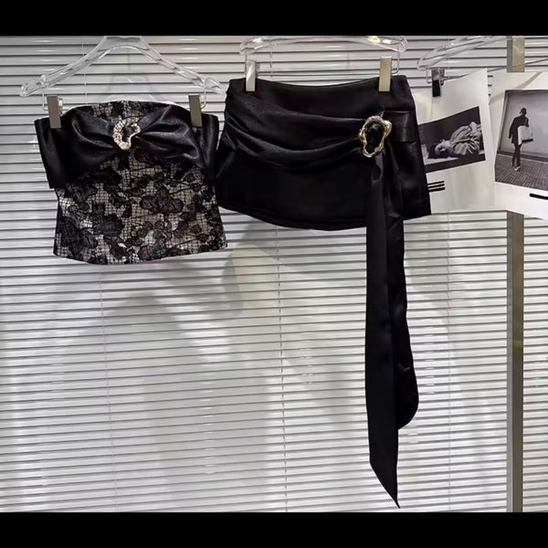 Women Sexy Black Lace Strapless Ribbon Two Piece Skirt Set