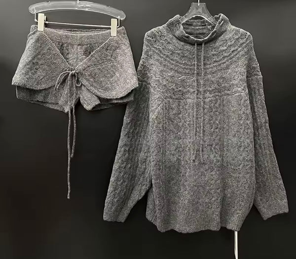 Women Fashion Knitted Sweater Two Piece Short Set