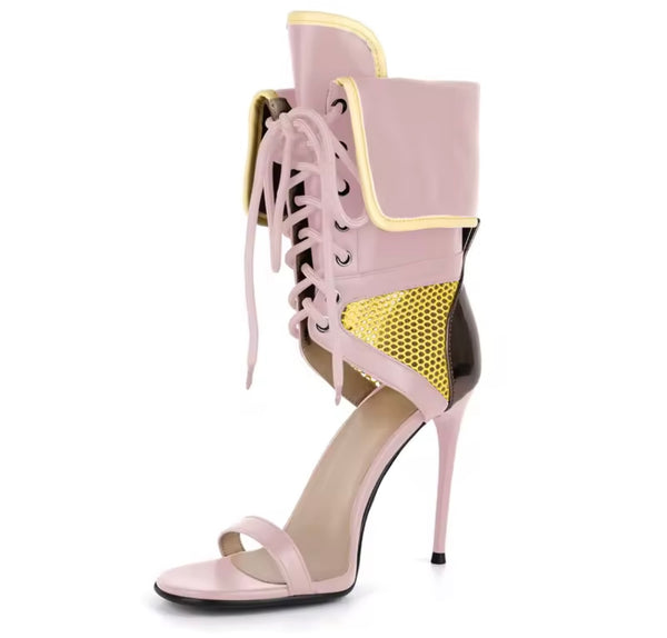 Women Fashion Open Toe Color Patchwork Tie Up High Heel Ankle Boots
