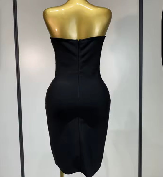 Women Black Sexy Strapless Rhinestone Dress