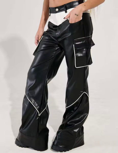 Women Fashion B&W Faux Leather Cargo Pants