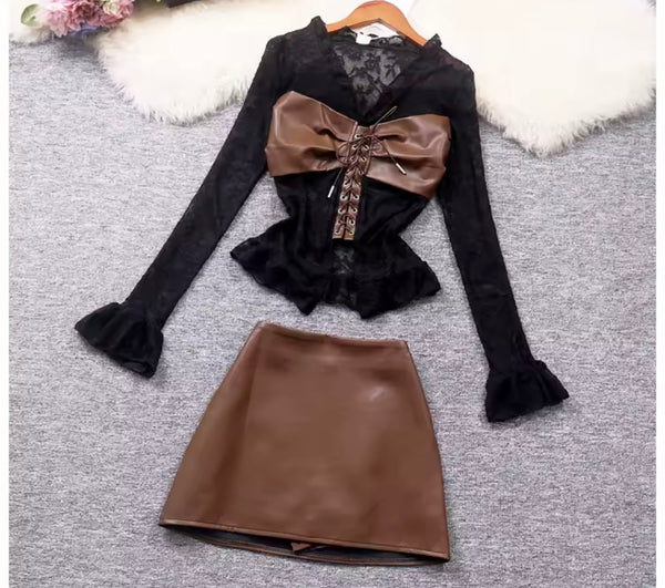 Women Sexy Fashion Lace Full Sleeve Faux Leather Two Piece Skirt Set