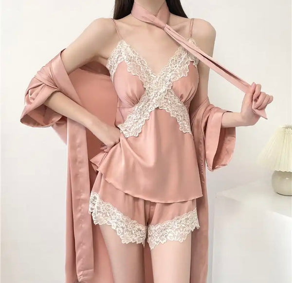 Women Sexy Lace Satin Three Piece Lingerie Set