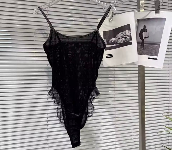 Women Black Ruffle Mesh Bodysuit Two Piece Short Set