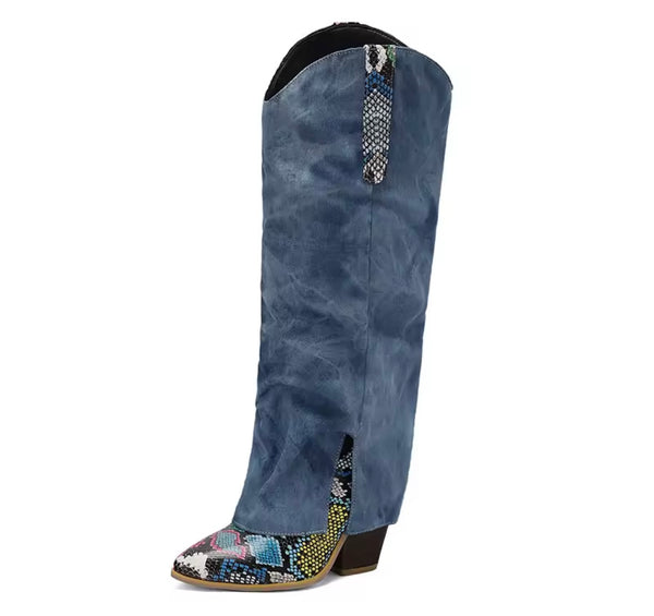 Women Fashion Color Animal Print Denim Knee High Western Boots