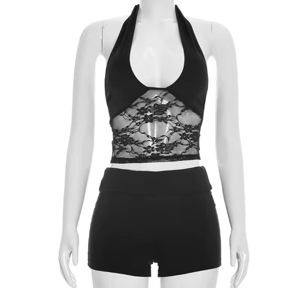 Women Sexy Halter Sleeveless Lace Patchwork Two Piece Short Set