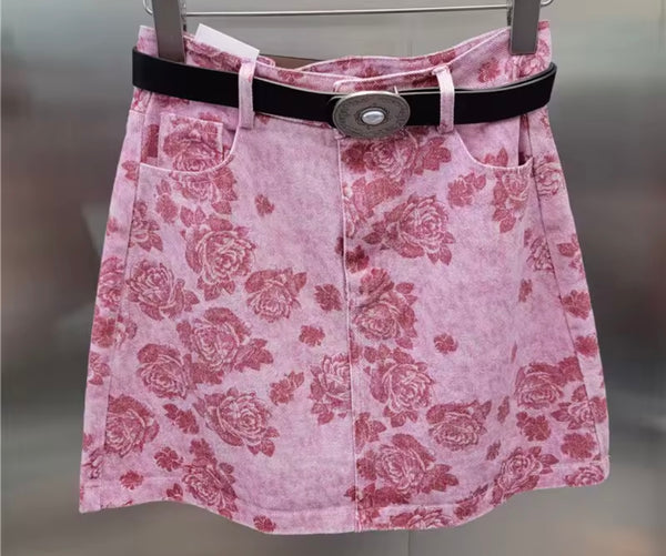 Women Fashion Color Patchwork Floral Denim Skirt