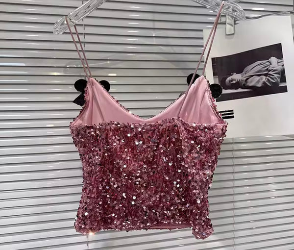 Women Pink Sequins Rhinestone Bow Sleeveless Two Piece Short Set
