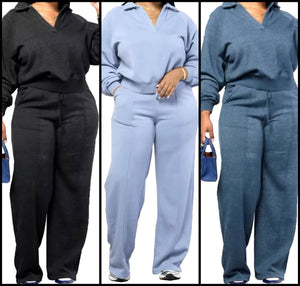 Women Fashion Solid Color Full Sleeve Sweatsuit Two Piece Pant Set