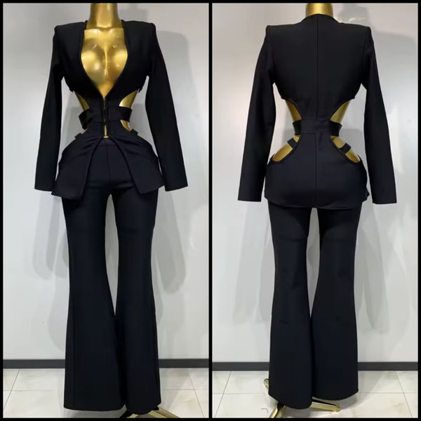 Women Black Fashion Hollow Out Full Sleeve Blazer Two Piece Pant Set