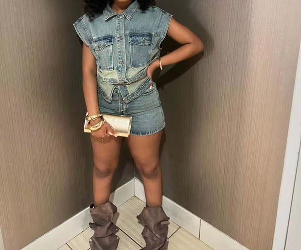 Women Fashion Denim Button Up Sleeveless Two Piece Short Set
