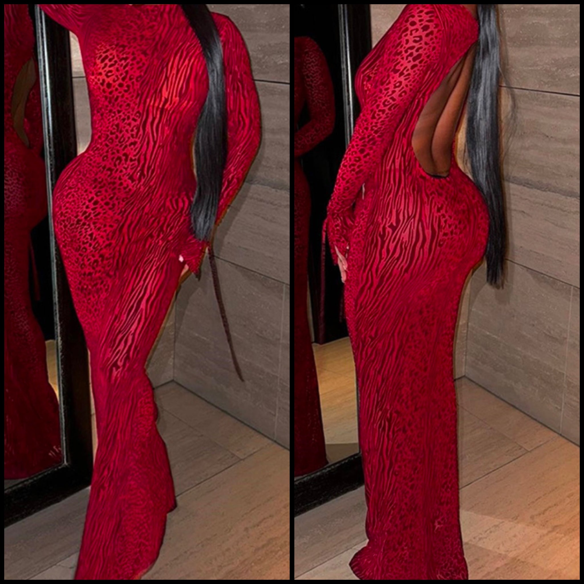 Women Sexy Printed Red Full Sleeve Open Back Maxi Dress