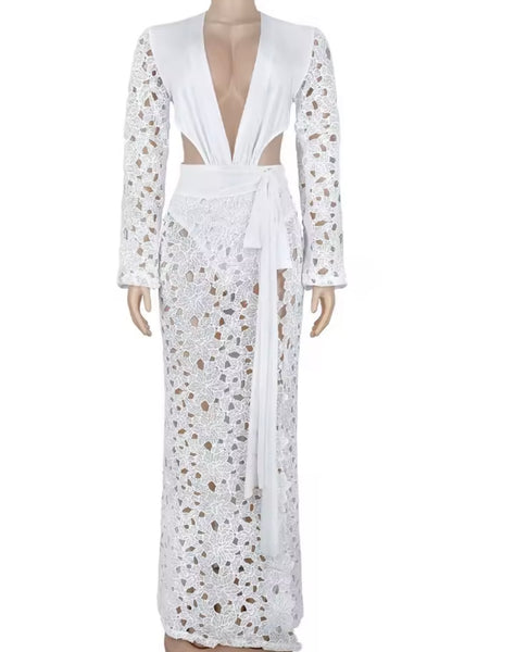 Women White Full Sleeve Bodysuit Two Piece Maxi Skirt Set