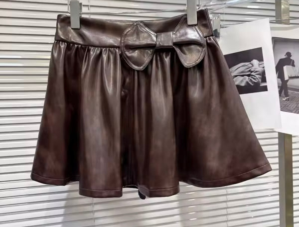 Women Fashion Brown Bow Faux Leather Jacket Two Piece Skirt Set