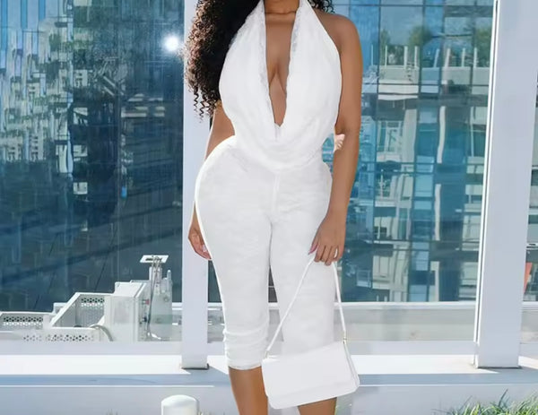 Women Sexy Halter Sleeveless Open Back Lace Romper
