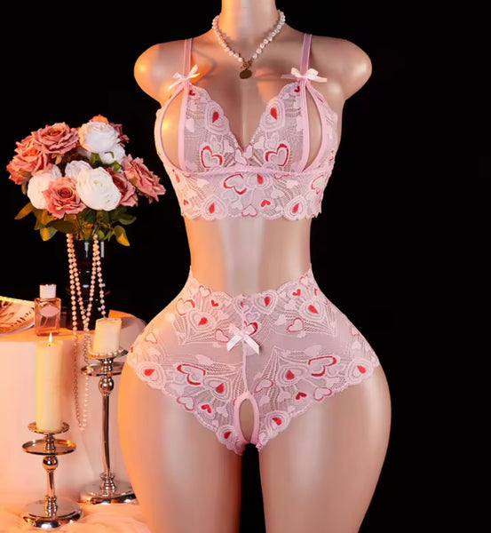 Women Sexy Printed Lace Crotchless Lingerie Set