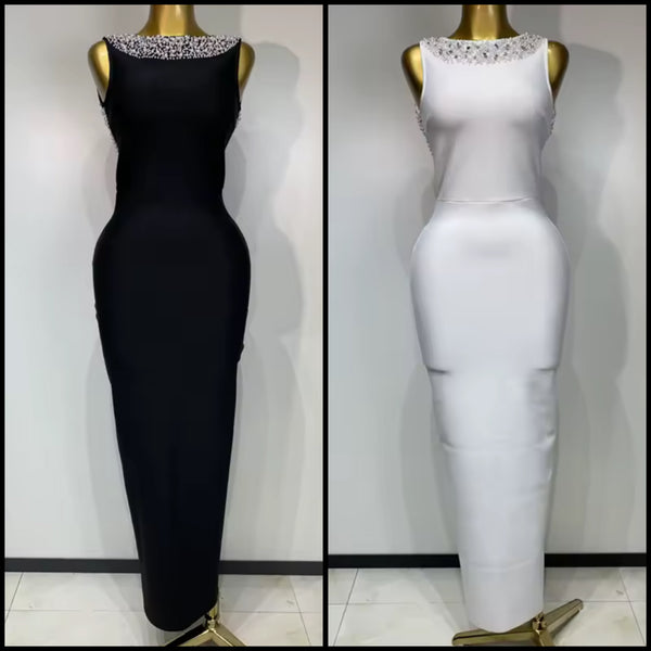 Women Sexy Rhinestones Pearl Open Back Maxi Dress