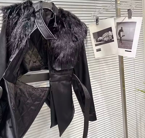 Women Black Fur Patchwork Faux Leather Open Back Jacket