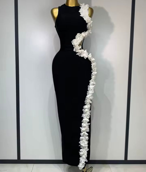 Women Sexy Sleeveless B&W Flower Cut Out Bandaged Maxi Dress