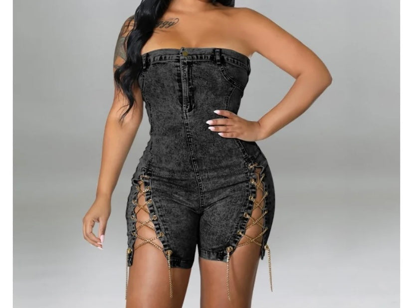 Women Sexy Strapless Chain Lace Up Denim Romper