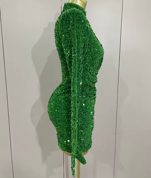 Women Green Sequins Sexy Glove Full Sleeve Ruched Dress