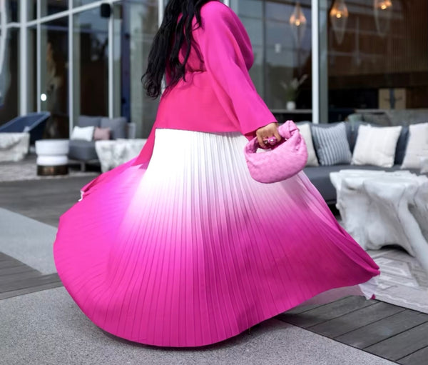 Women Full Sleeve Gradient Two Piece Pleated Maxi Skirt Set