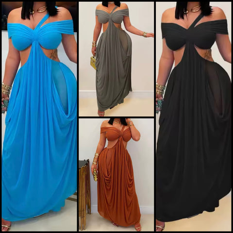 Women Sexy Off The Shoulder Cut Out Draped Maxi Dress