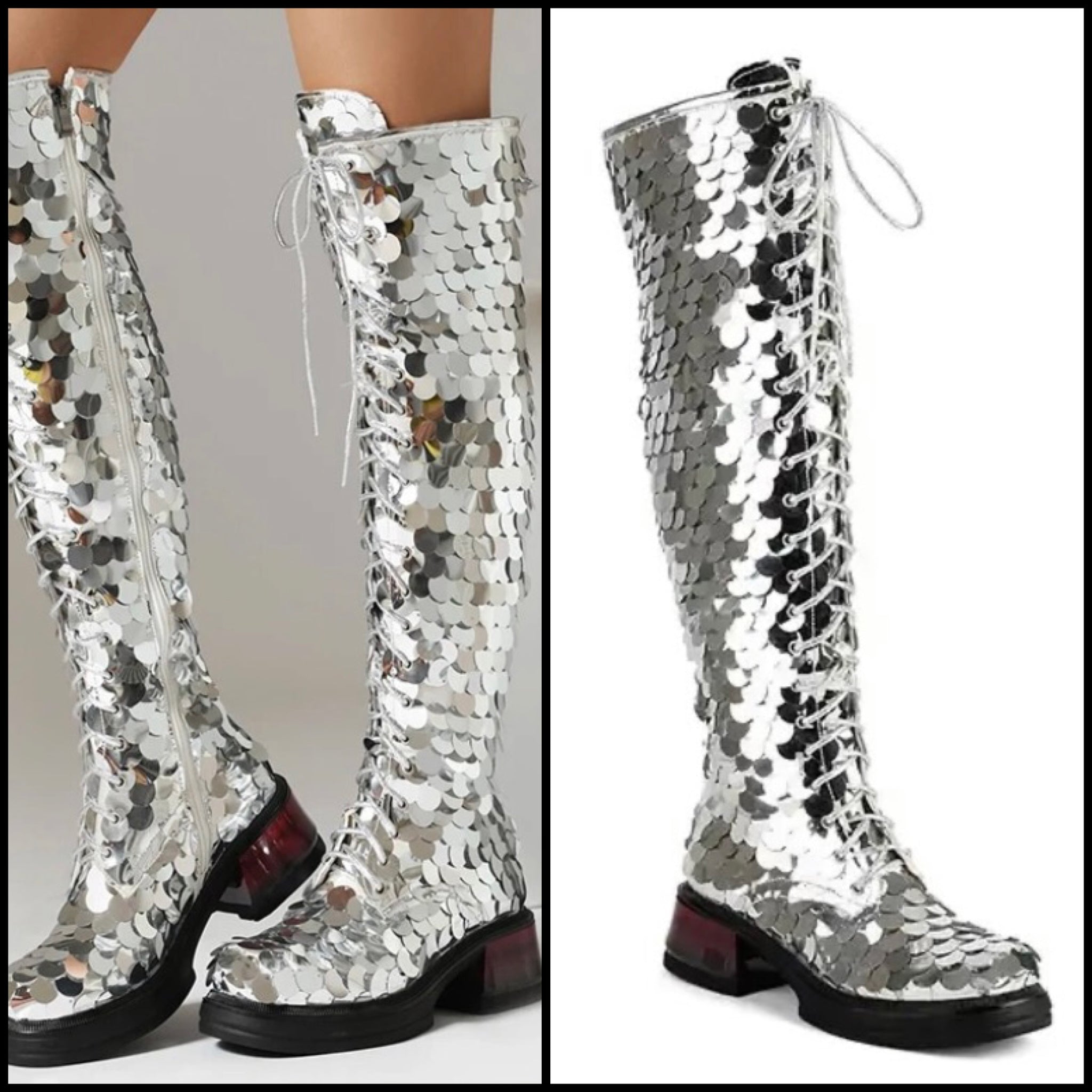 Women Fashion Silver Sequins Lace Up Knee High Boots