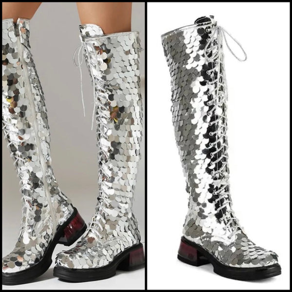 Women Fashion Silver Sequins Lace Up Knee High Boots