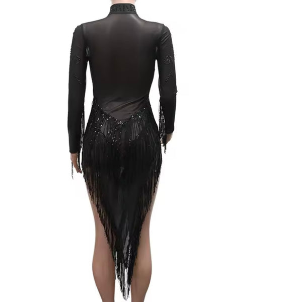 Women Sexy Black Crystal Full Sleeve Asymmetrical Tassel Dress