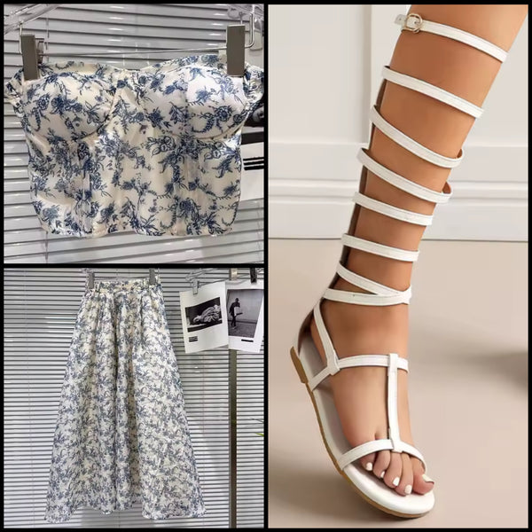 Women White Strapless Blue Floral Two Piece Maxi Skirt Set
