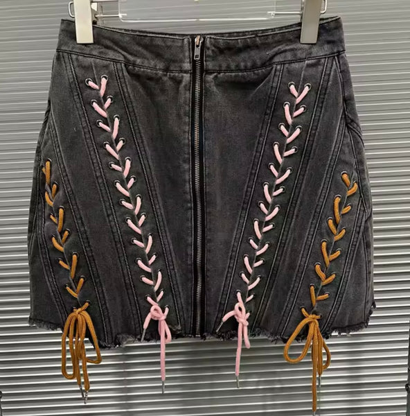 Women Sexy Fashion Color Lace Up Denim Skirt