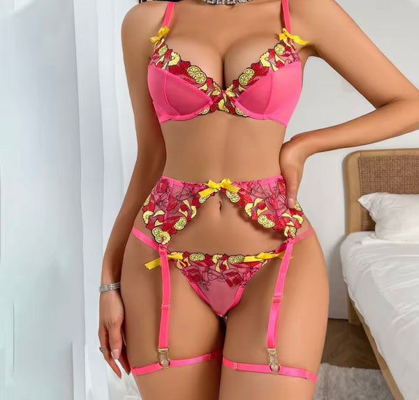 Women Sexy Pink Printed Mesh Lingerie Set
