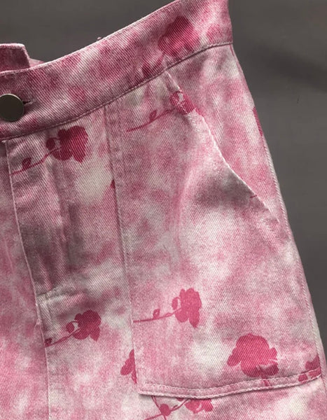 Women Sexy Fashion Pink Printed Denim Skirt