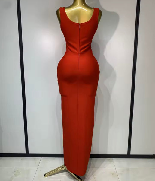 Women Red Rhinestone Sexy Sleeveless Maxi Dress